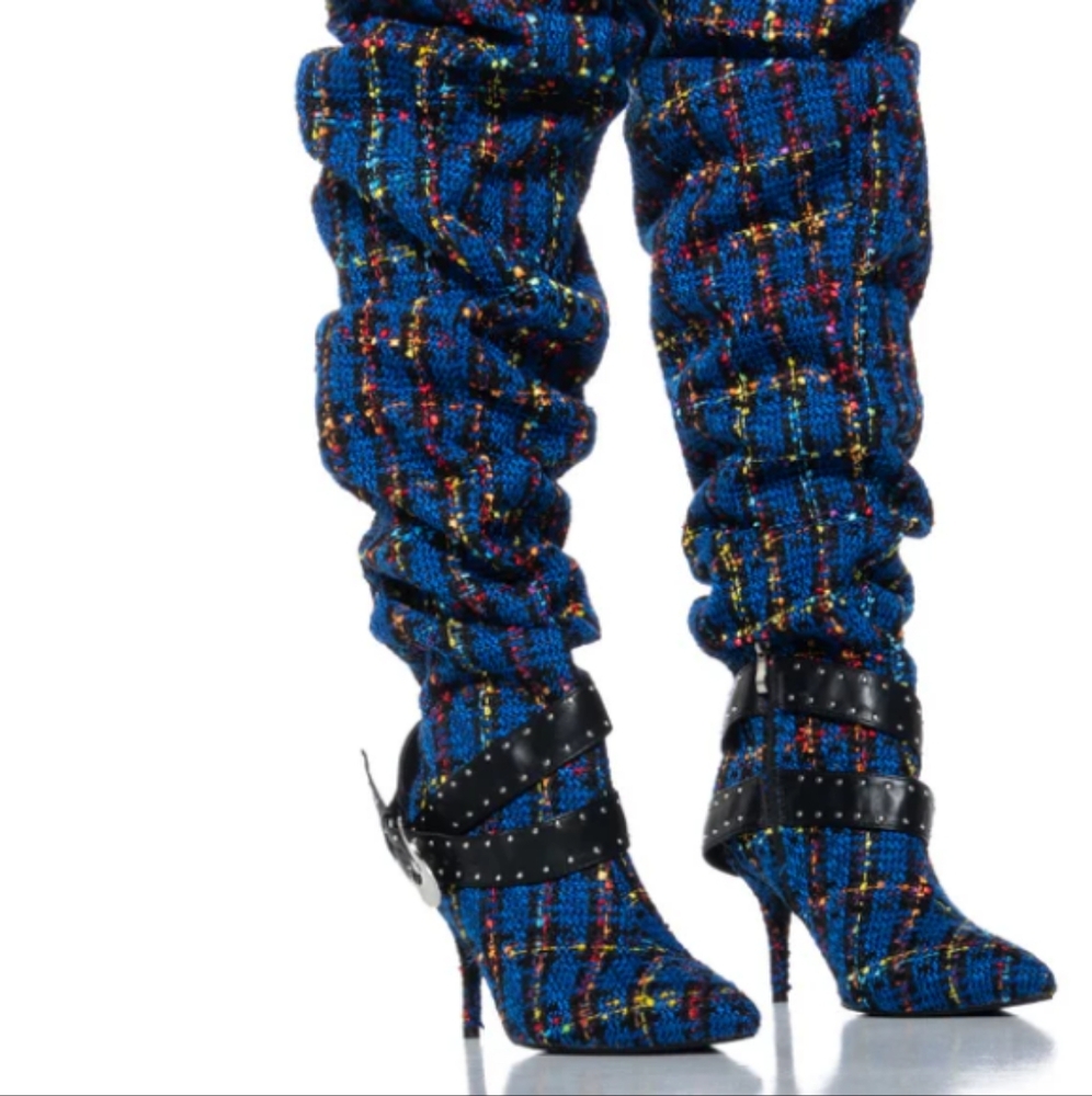 TAJA PLAID THIGH HIGH BOOT WITH BUCKLE DETAIL IN BLUE (3 in heel)
